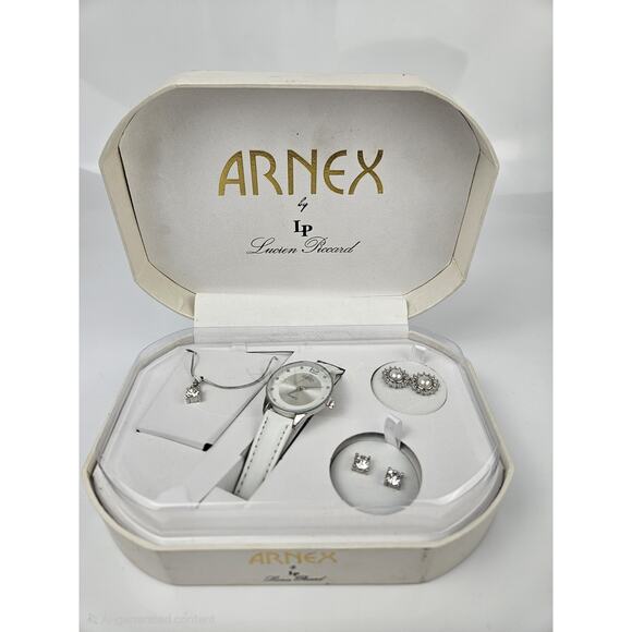 NEW Vintage Arnex Ladies Rhinestone & Silvertone Quartz Watch Earrings‎ Necklace